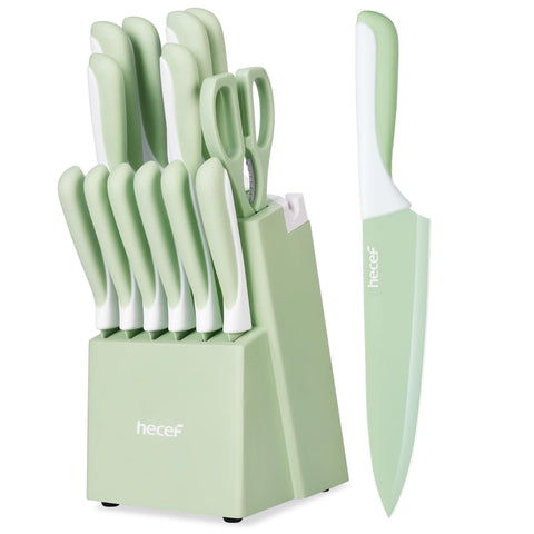 Hecef 15-piece knife set in wooden block, organized storage and convenient access.