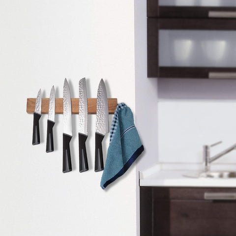 Hecef acacia wood knife strip on wall, kid-friendly design reduces clutter.