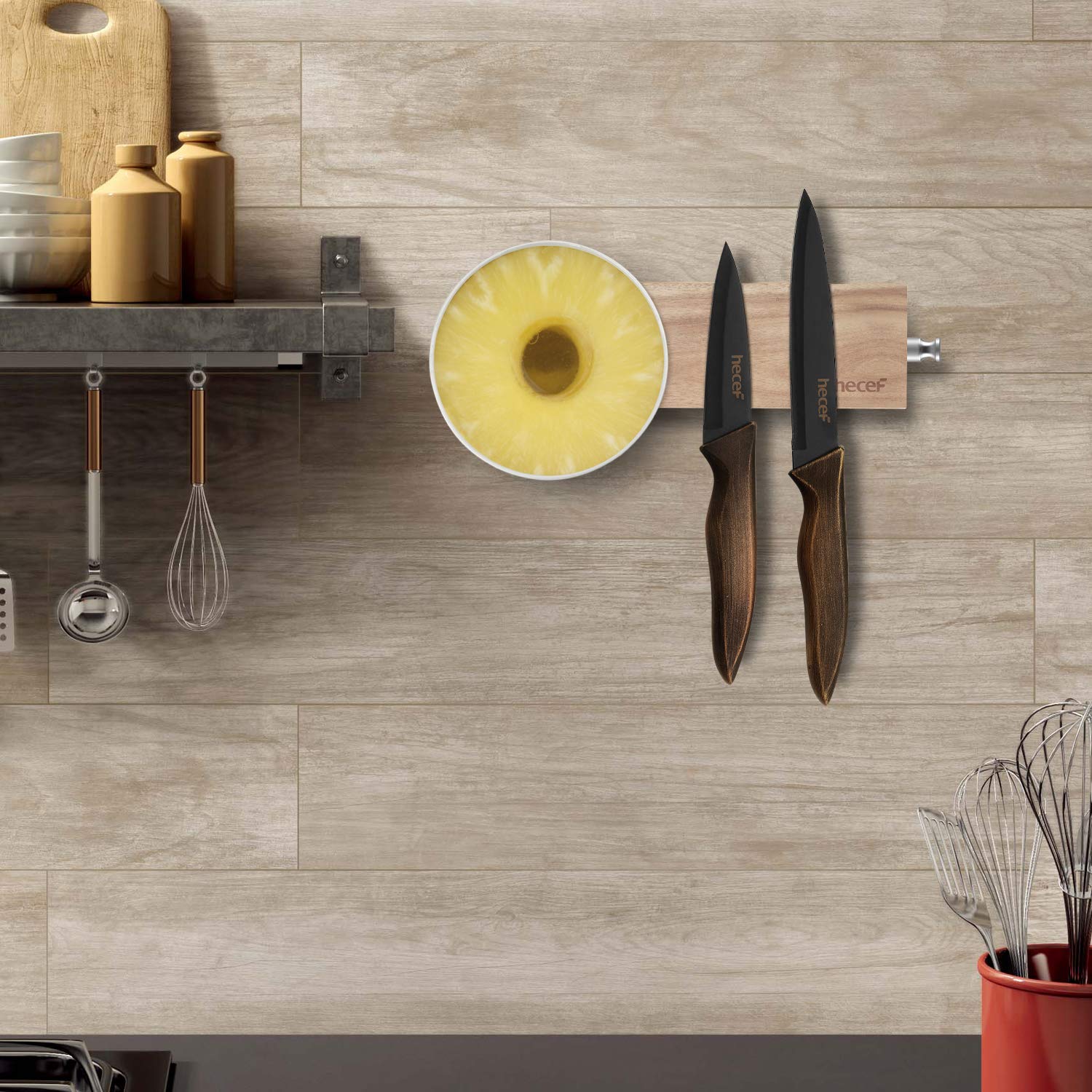 Hecef magnet strong, wall-mount display, safe storage for sharp tools when not in use.