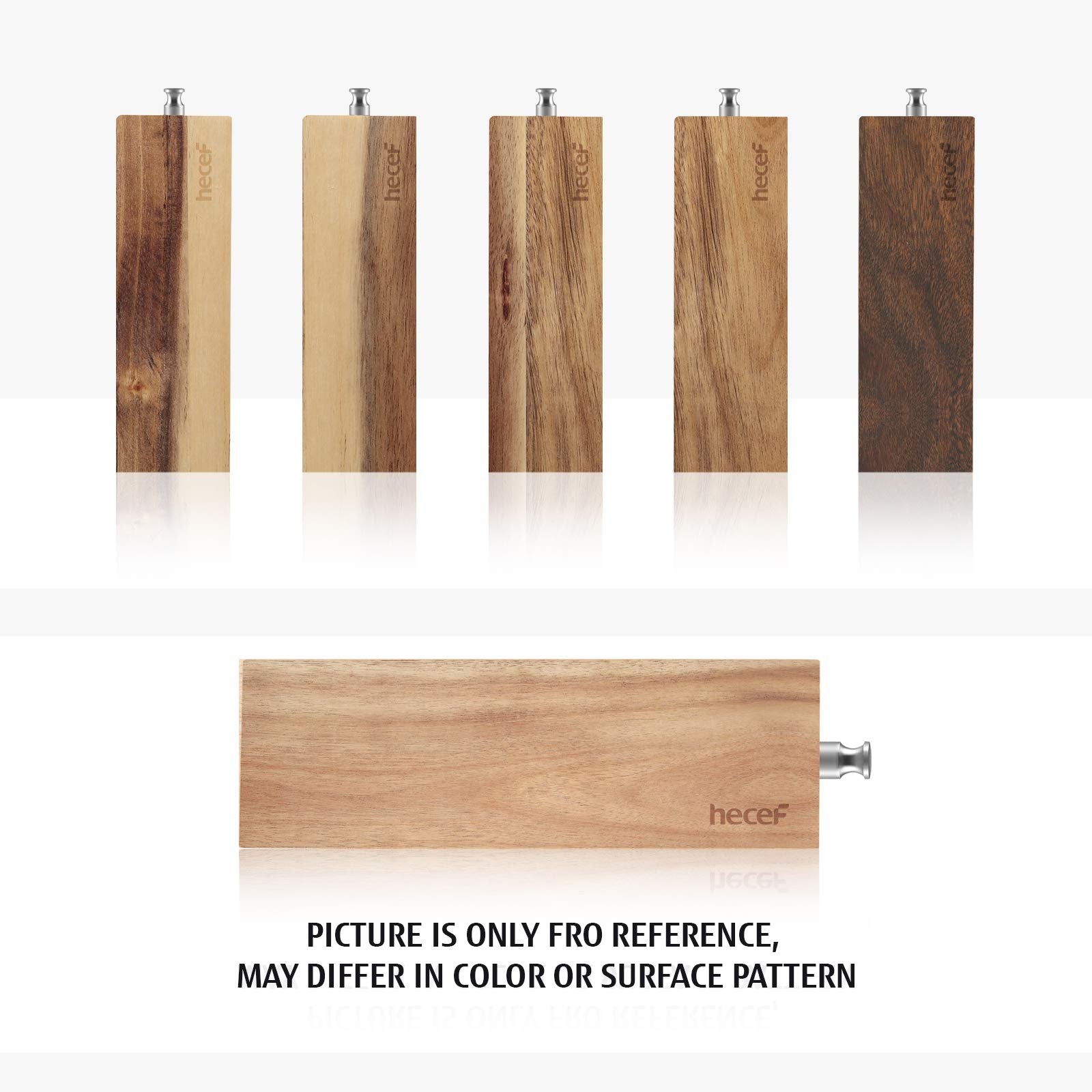 Hecef acacia wood strip, grain-detail closeup, durable magnet and natural finish.