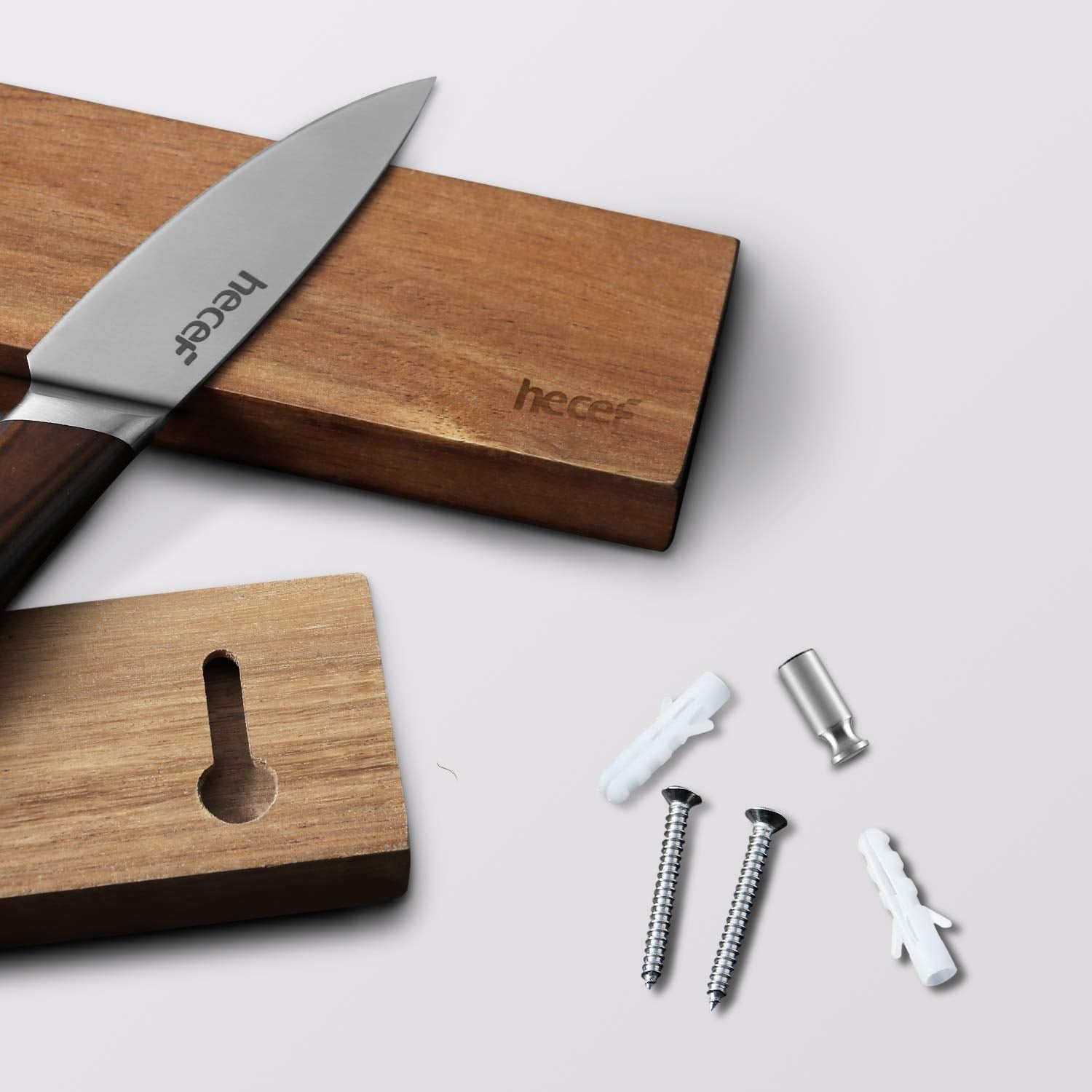 Hecef acacia wood knife strip, kitchen organization shot, storing knives and metal tools.