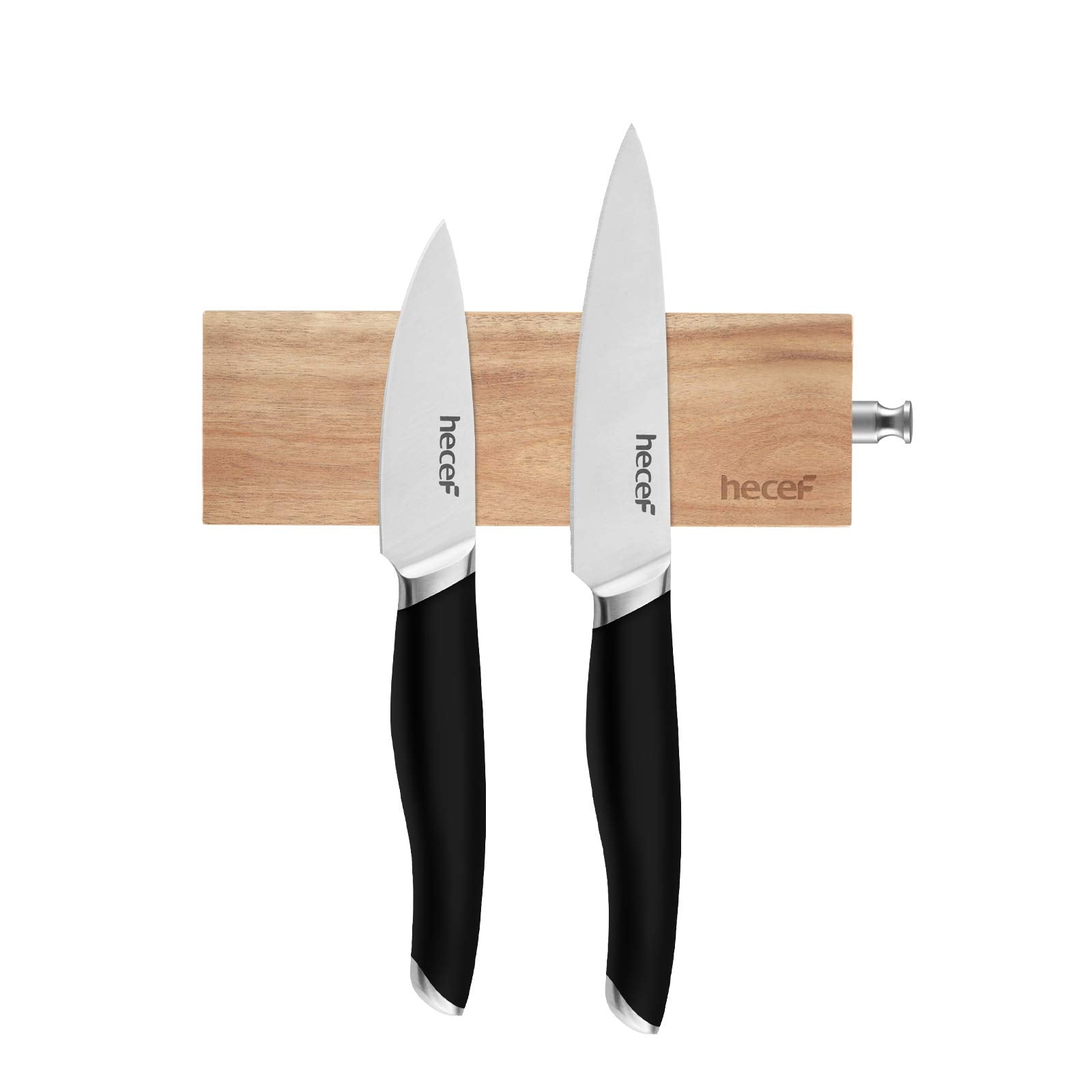 Hecef acacia wood magnetic knife strip, side view, organized wall storage for knives.