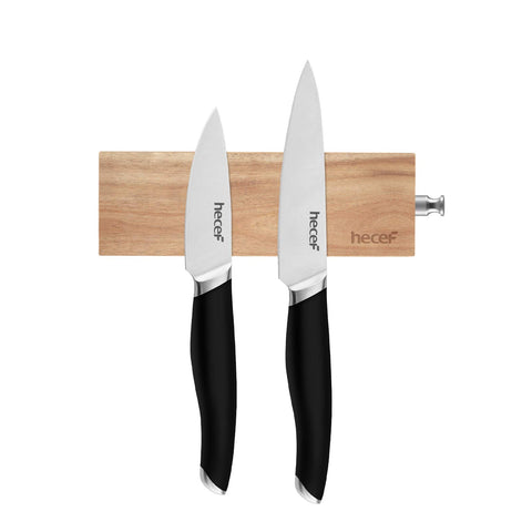 Hecef acacia wood magnetic knife strip, side view, organized wall storage for knives.