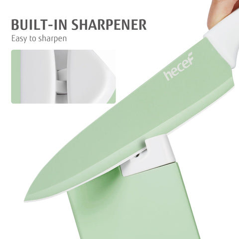 Hecef block with built-in sharpener for quick edge maintenance.