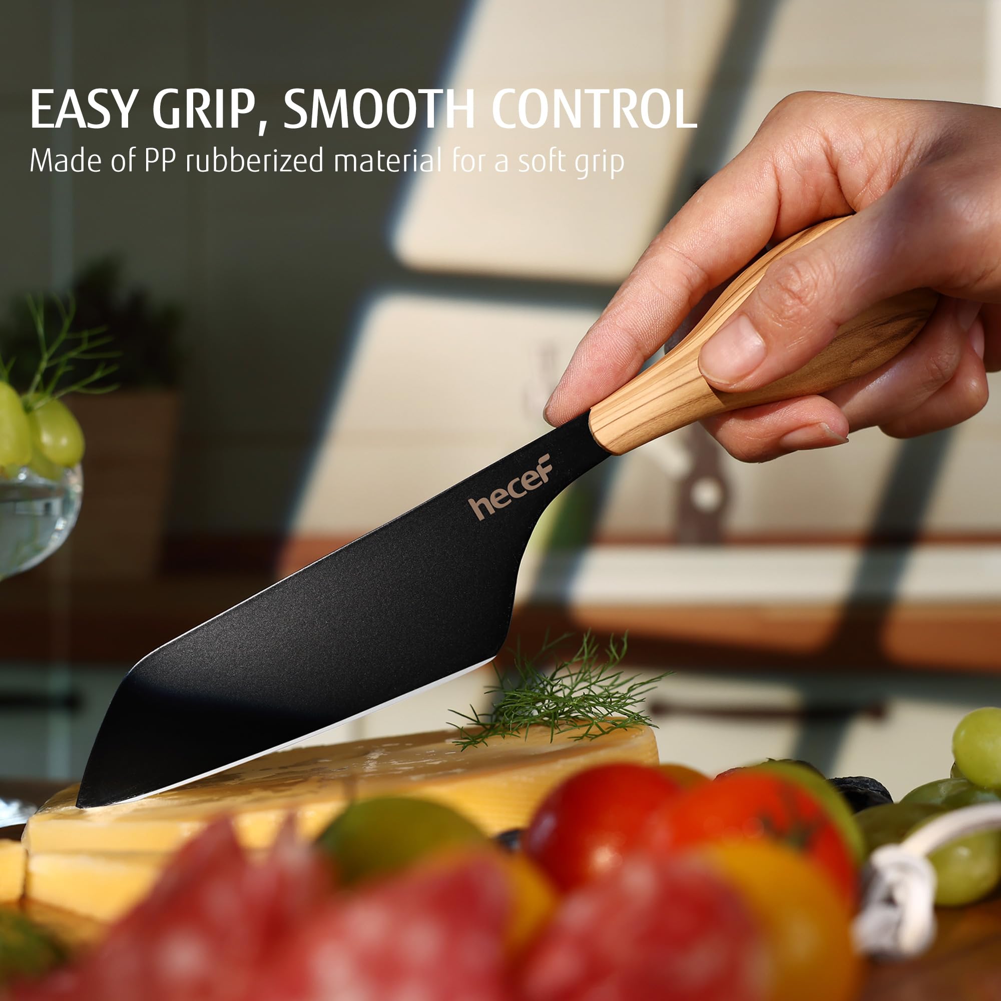 hecef cheese knife olive wood handles ergonomic grip for comfortable serving