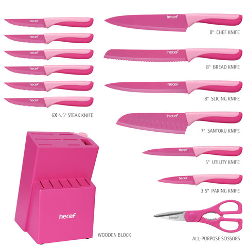 Hecef 8-inch chef knife in hot pink for precise slicing and chopping.