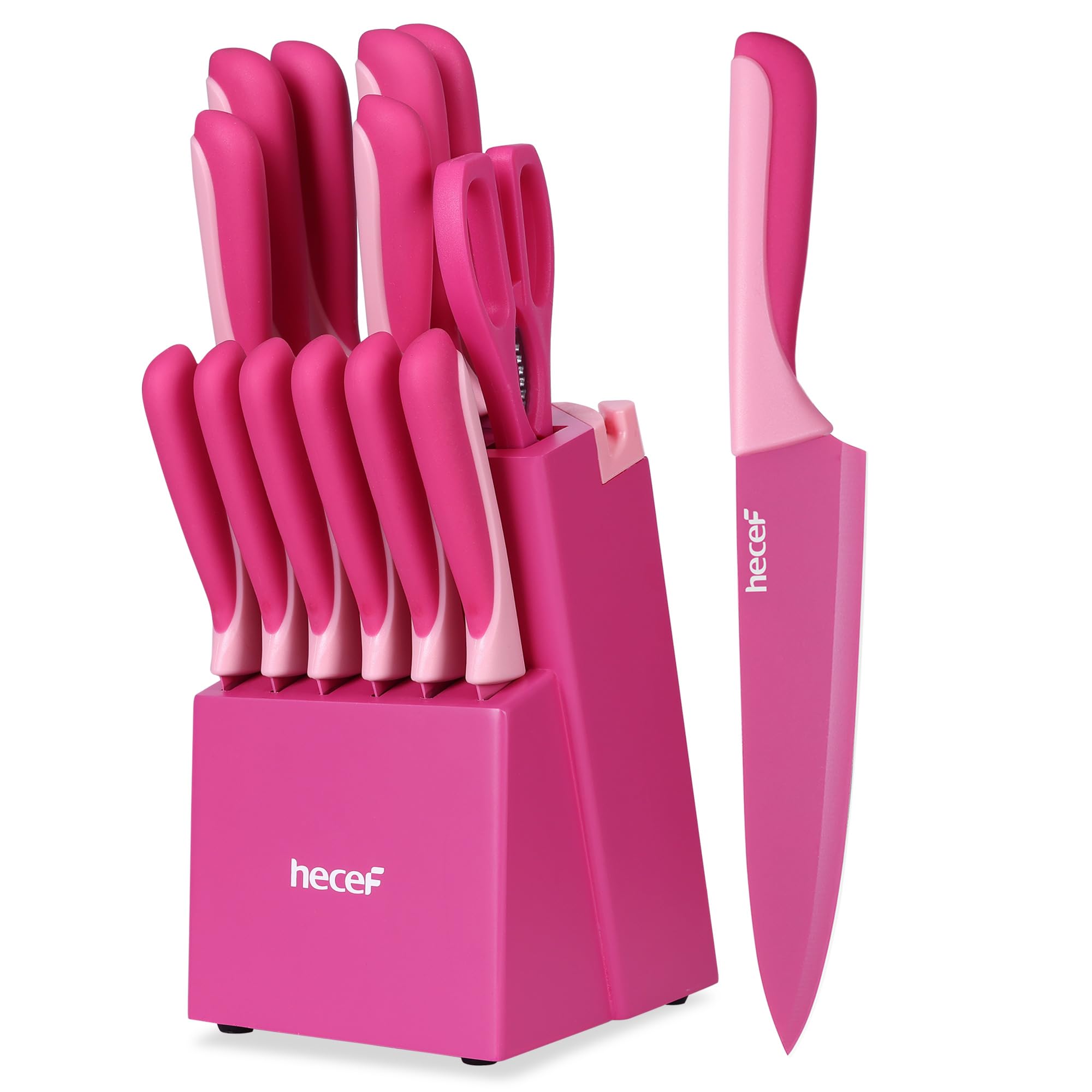 Hecef 15-piece knife block with built-in sharpener keeps blades razor-sharp for daily prep.