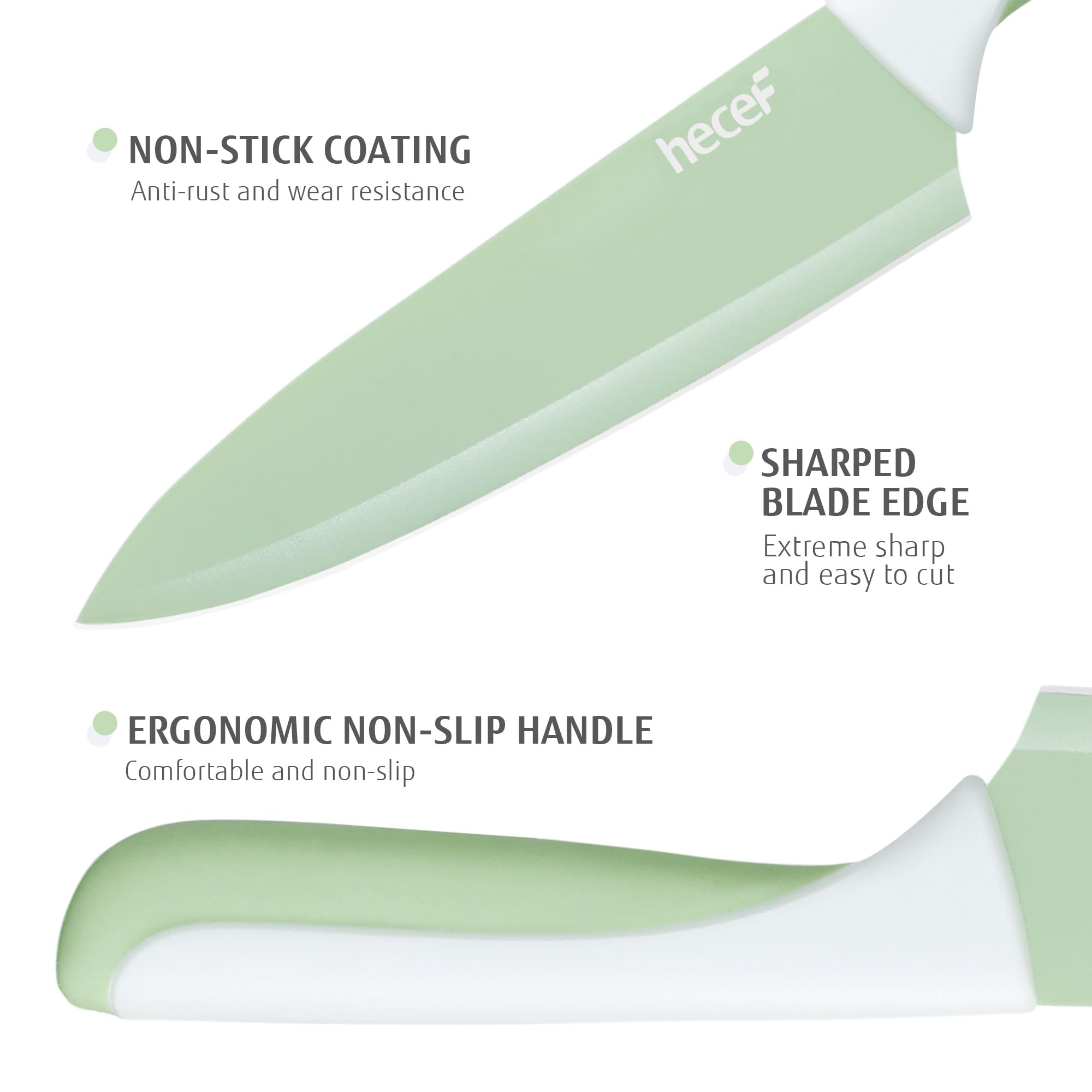 Hecef blades with non-stick coating resist sticking and rust during prep.