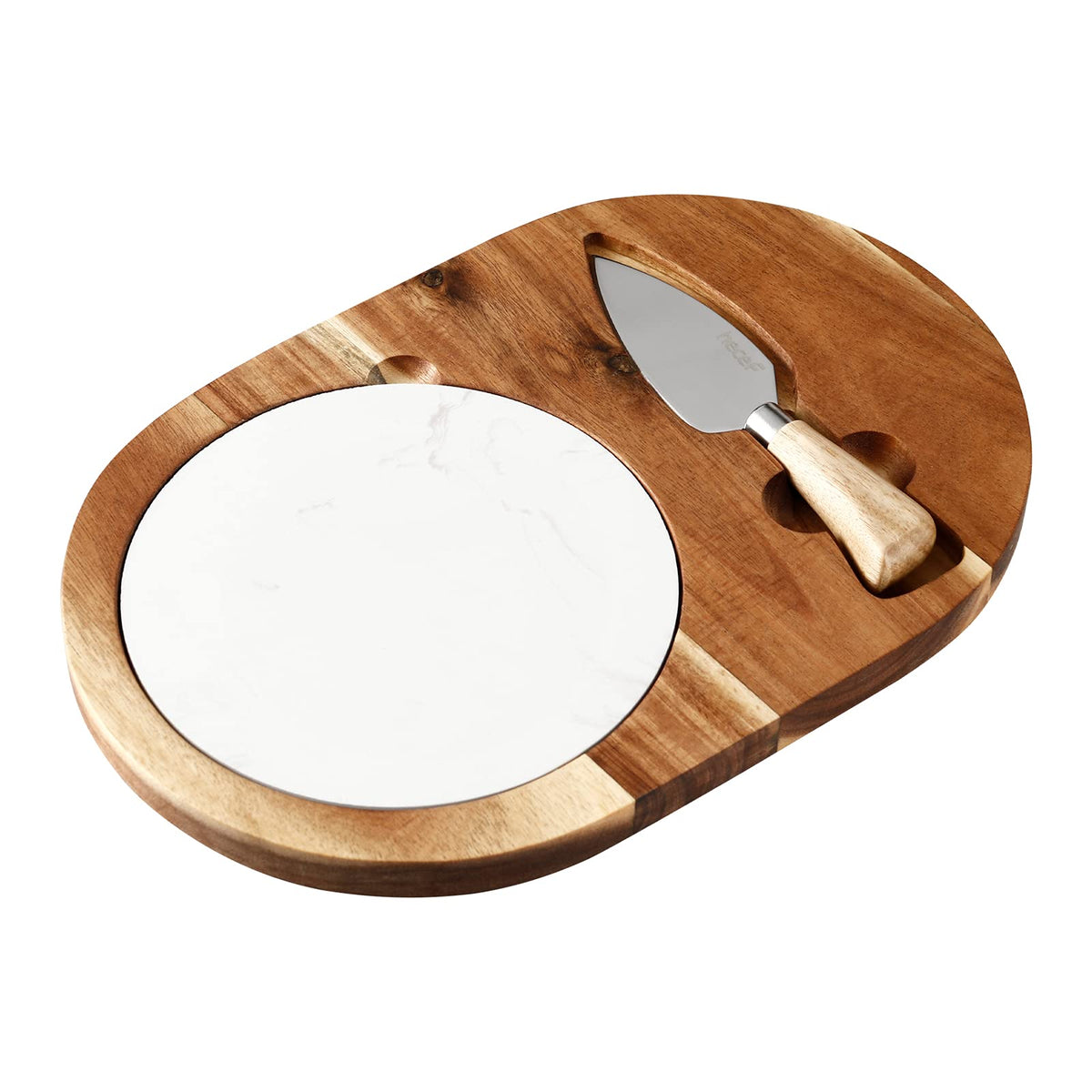 The hecef oval cheese board in acacia wood top view, stylish entertaining.