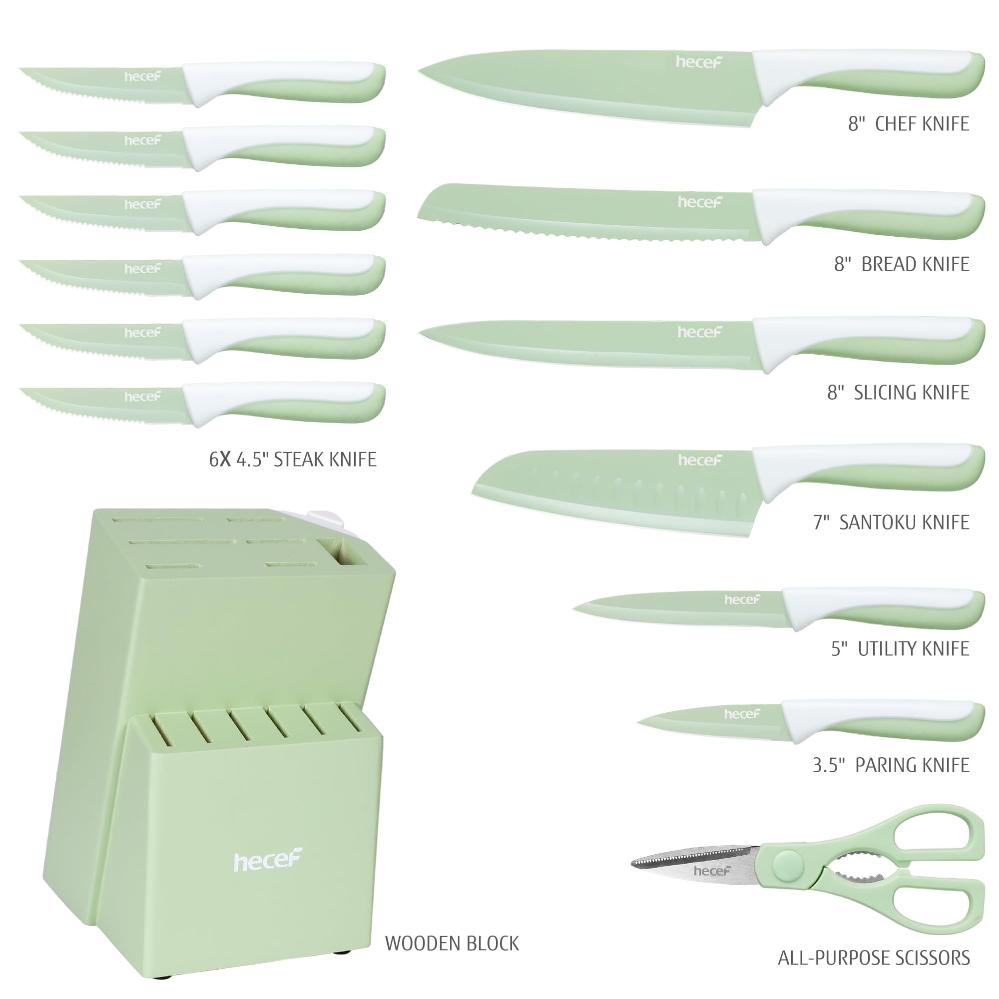 Hecef knife blades close-up showing durable stainless steel and edge quality.