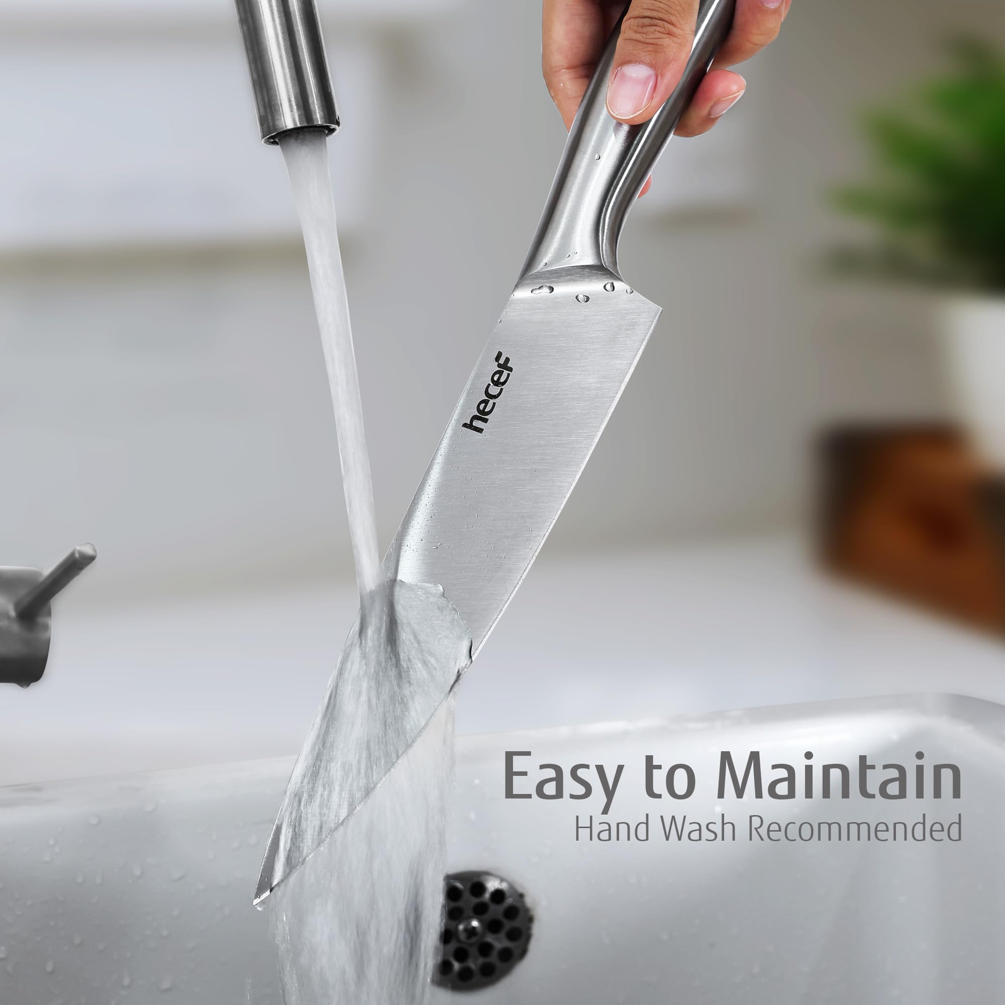 hecef satin finish blade edge close-up, sharp and durable.