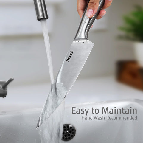hecef satin finish blade edge close-up, sharp and durable.