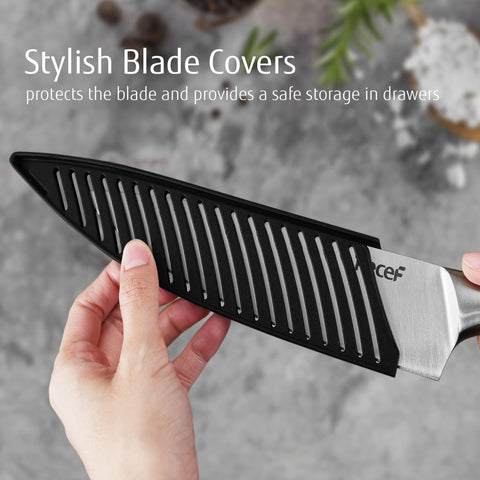 hecef silver chef knife eight inch, balanced blade for smooth slicing.
