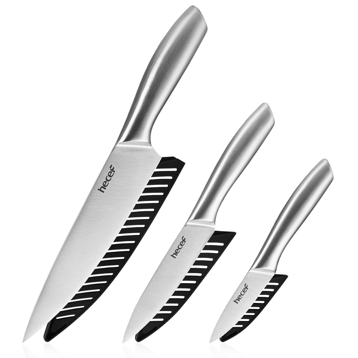 hecef silver kitchen knife set, three-piece kit for versatile daily prep.