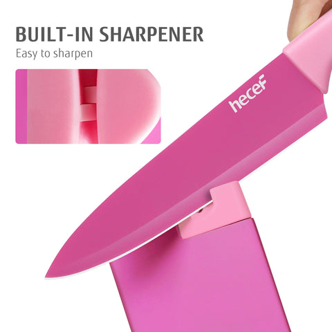 Hecef 7-inch slicing knife in hot pink delivers smooth roasts and fish cuts.