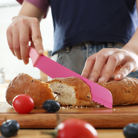 Hecef six-piece steak knives in hot pink for even portions.
