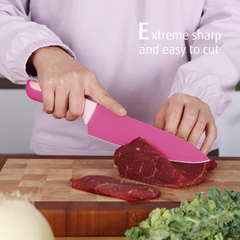 Hecef 5-inch utility knife in hot pink for versatile prep tasks.