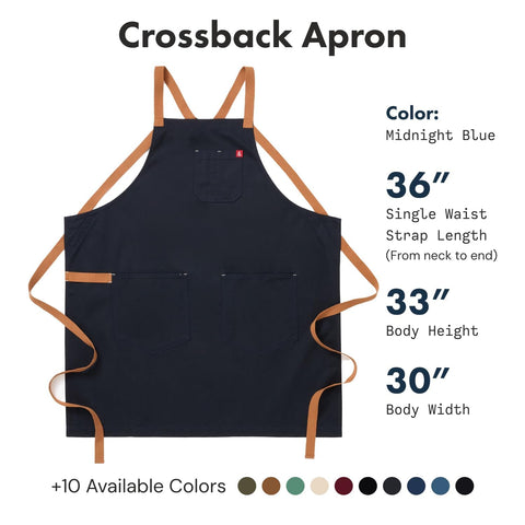 Hedley & Bennett Crossback Apron offers 33-inch body coverage for mess protection all day.