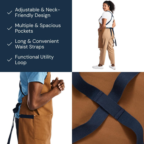 Hedley & Bennett crossback apron front coverage enables full movement in busy kitchens
