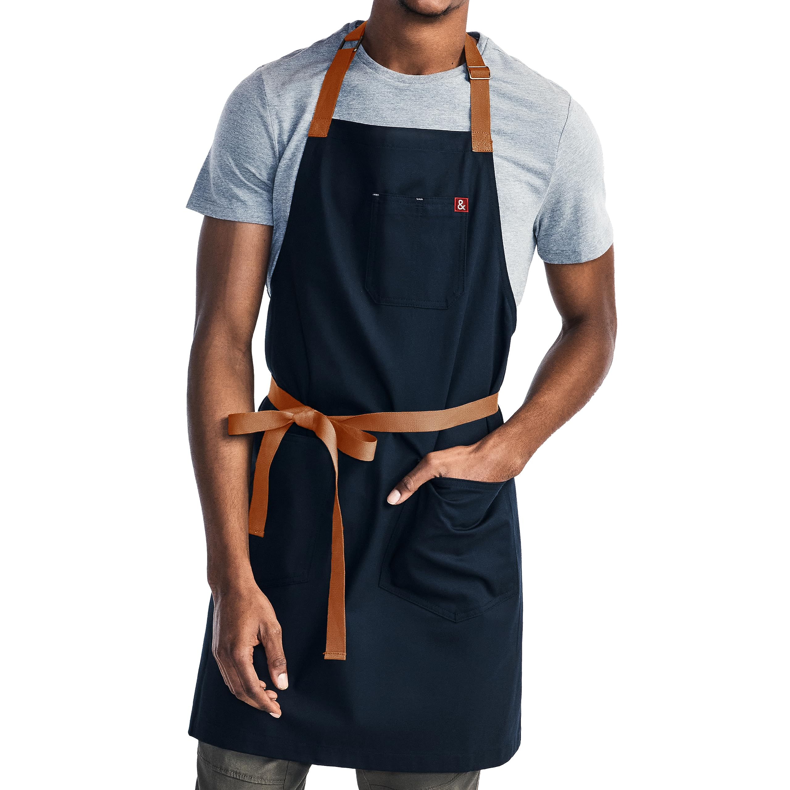 Hedley & Bennett Essential Apron midnight blue front view shows durable protection for busy kitchens.