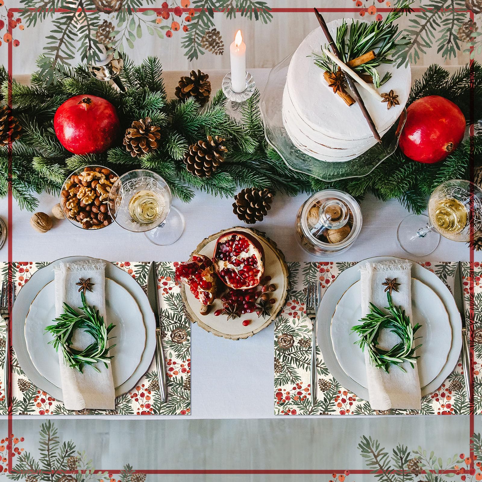 Heentan pine cone and berry motif placemats add seasonal charm to holiday dining.