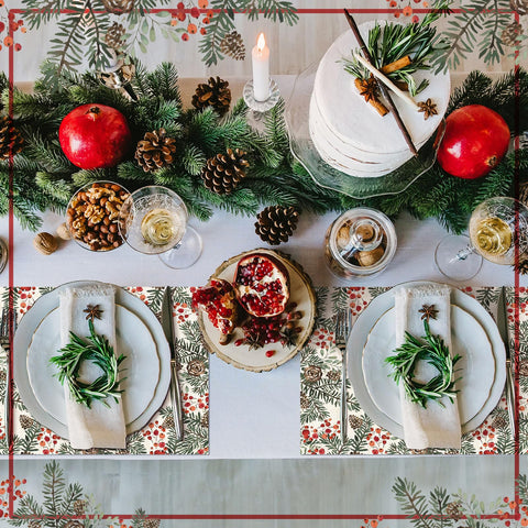Heentan pine cone and berry motif placemats add seasonal charm to holiday dining.