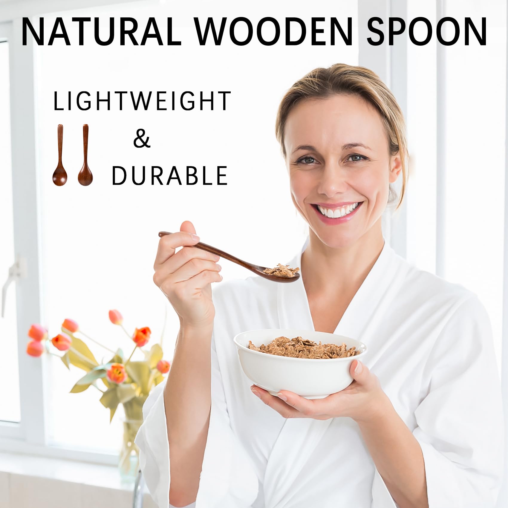 Hefild wooden spoon for honey drizzling beside tea, highlighting culinary versatility