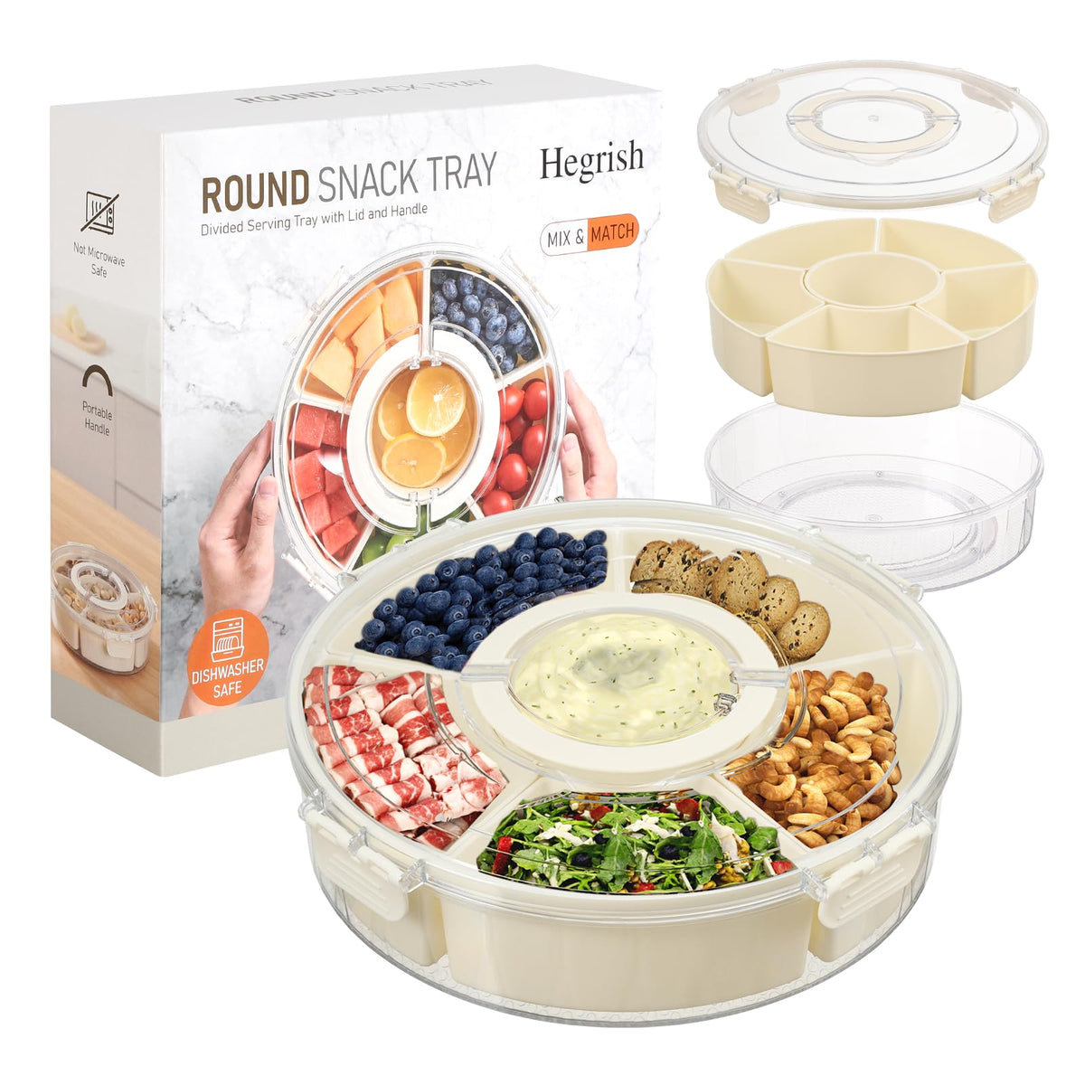 Hegrish divided rotating tray with lid for organized outdoor entertaining and transport