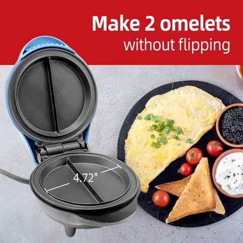 HeHoGoGo Mini Electric Omelet Maker shows two portions cooking for family breakfasts