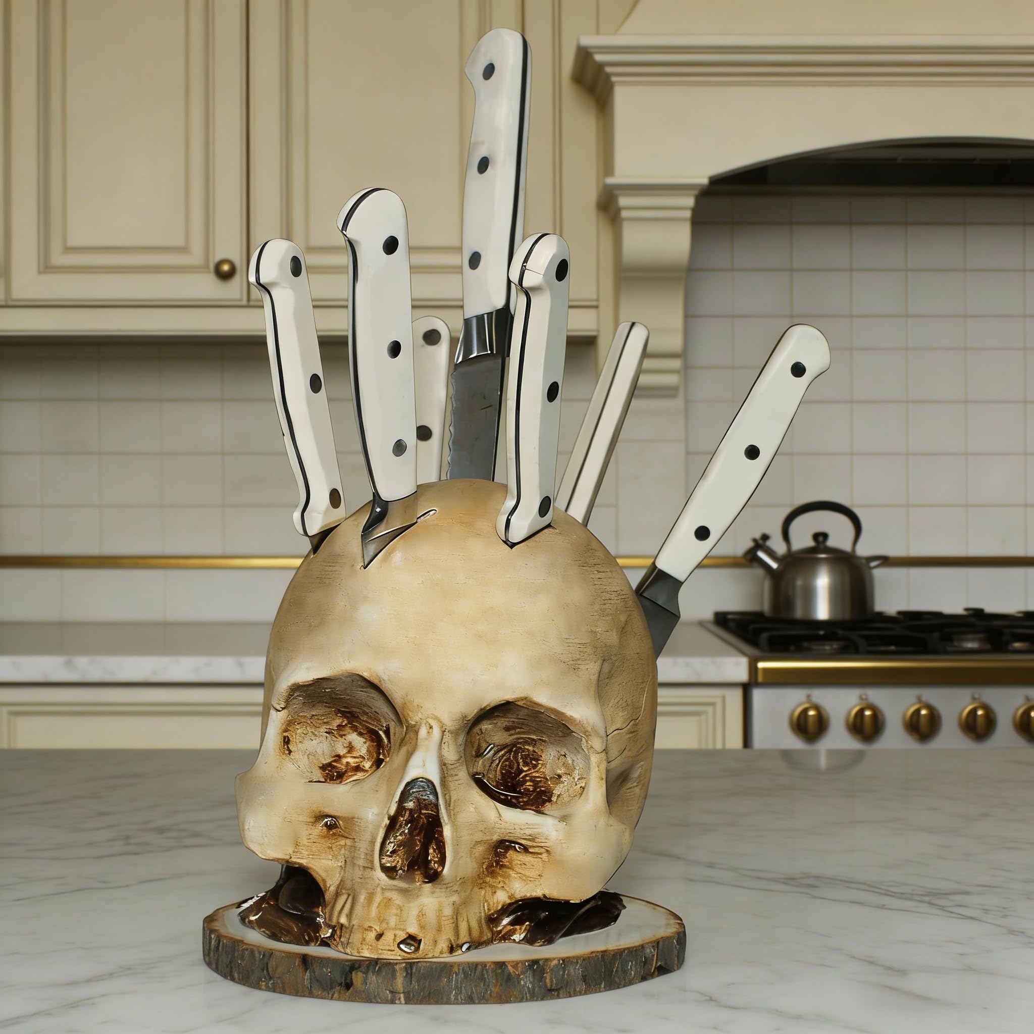 HeiheiTom life-size skull knife holder on a kitchen counter for organized utensil storage