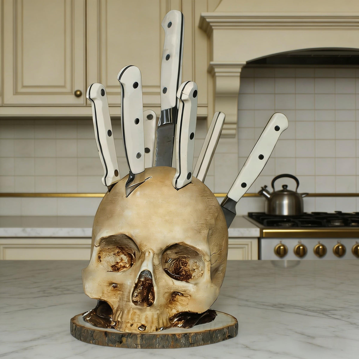 HeiheiTom life-size skull knife holder on a kitchen counter for organized utensil storage