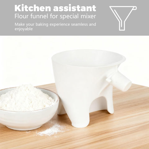 Heiluxe flour funnel pouring action delivers precise transfer into the mixer bowl
