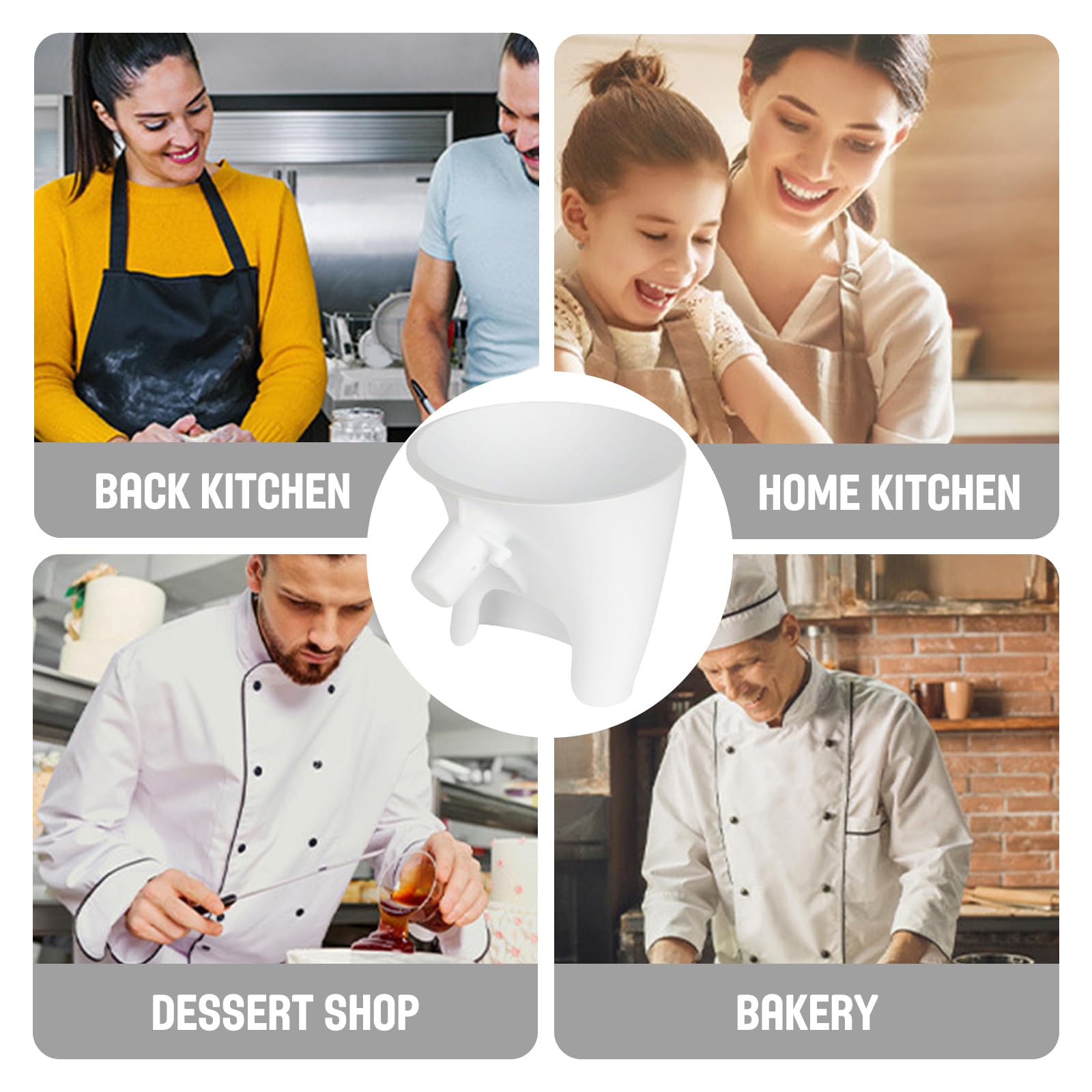 Heiluxe flour funnel white finish complements KitchenAid stand mixer
