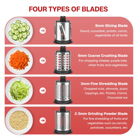 Heiolkako four blade drum showing slicer, shreds, and grinder options