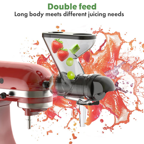 Heiolkako juicer attachment dual-feed chute for faster ingredient processing.