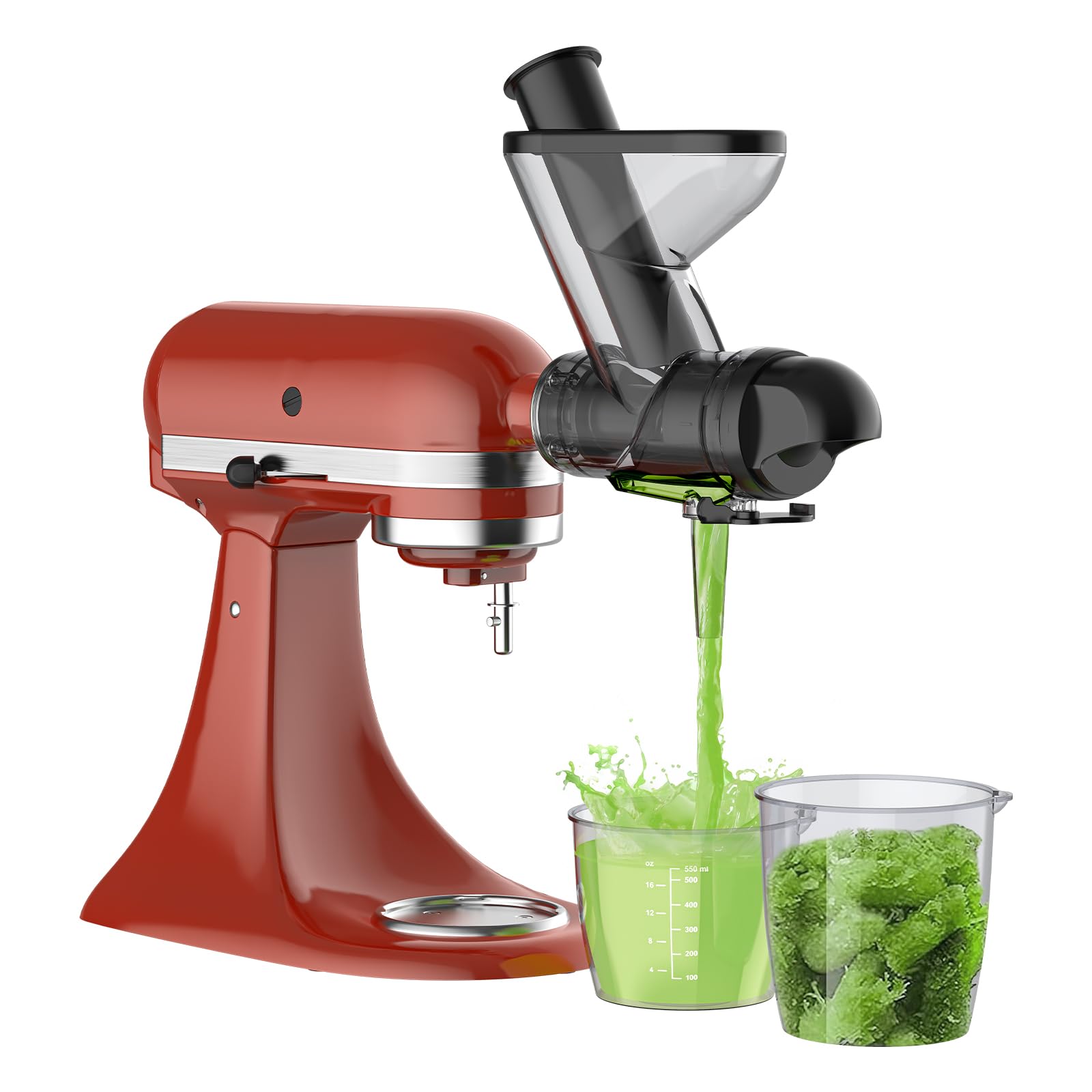 Heiolkako juicer attachment on KitchenAid mixer enables stable, efficient juicing.