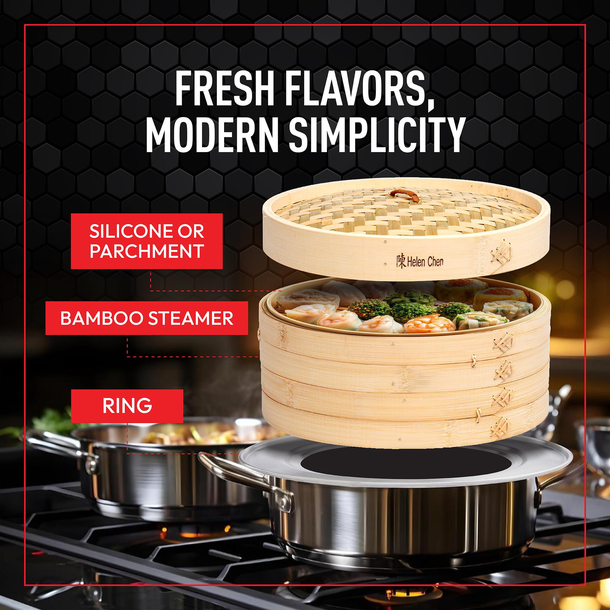 Helen's Asian Kitchen aluminum ring complements compact, space-saving kitchen setups.