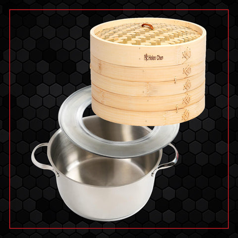 Helen's Asian Kitchen 11-inch ring atop a stockpot for versatile steaming sessions.