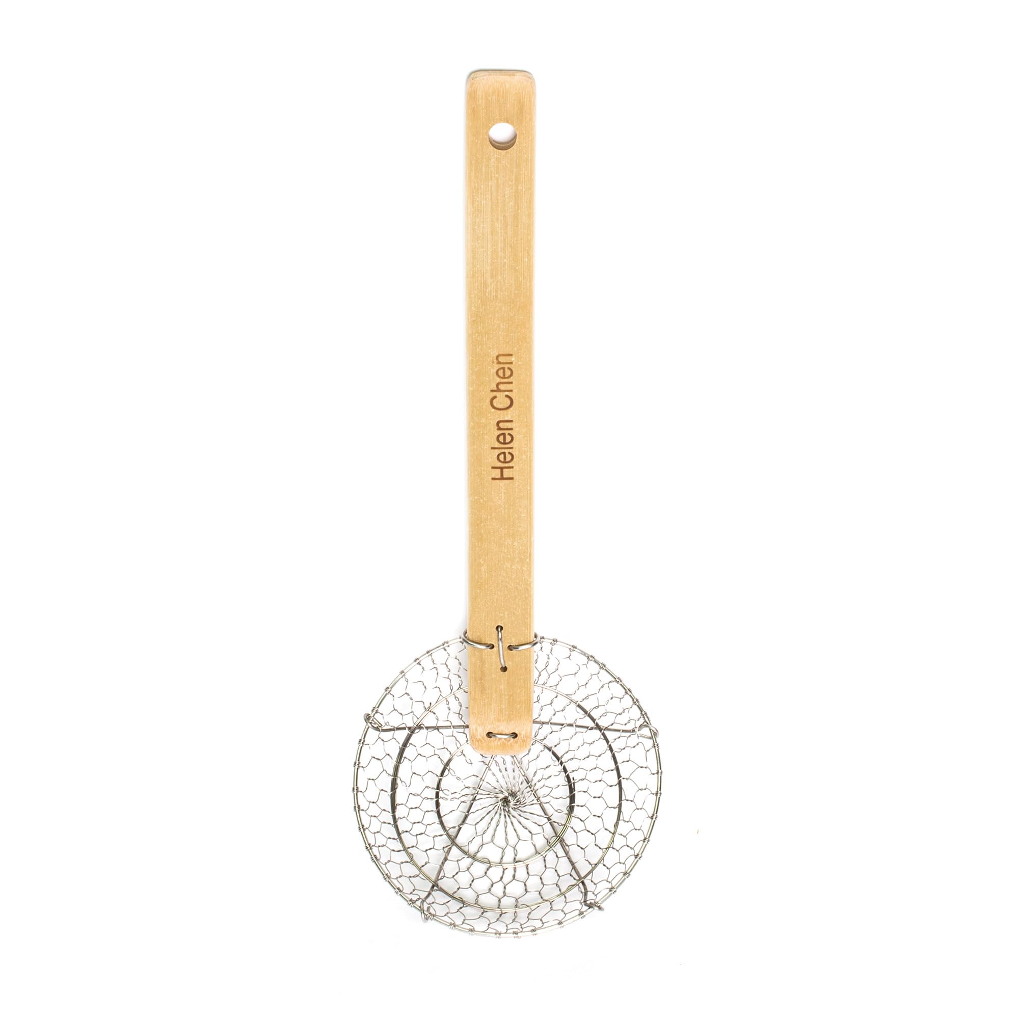 Helen's Asian Kitchen Spider Strainer 5-Inch with bamboo handle catches dumplings and noodles with precision.