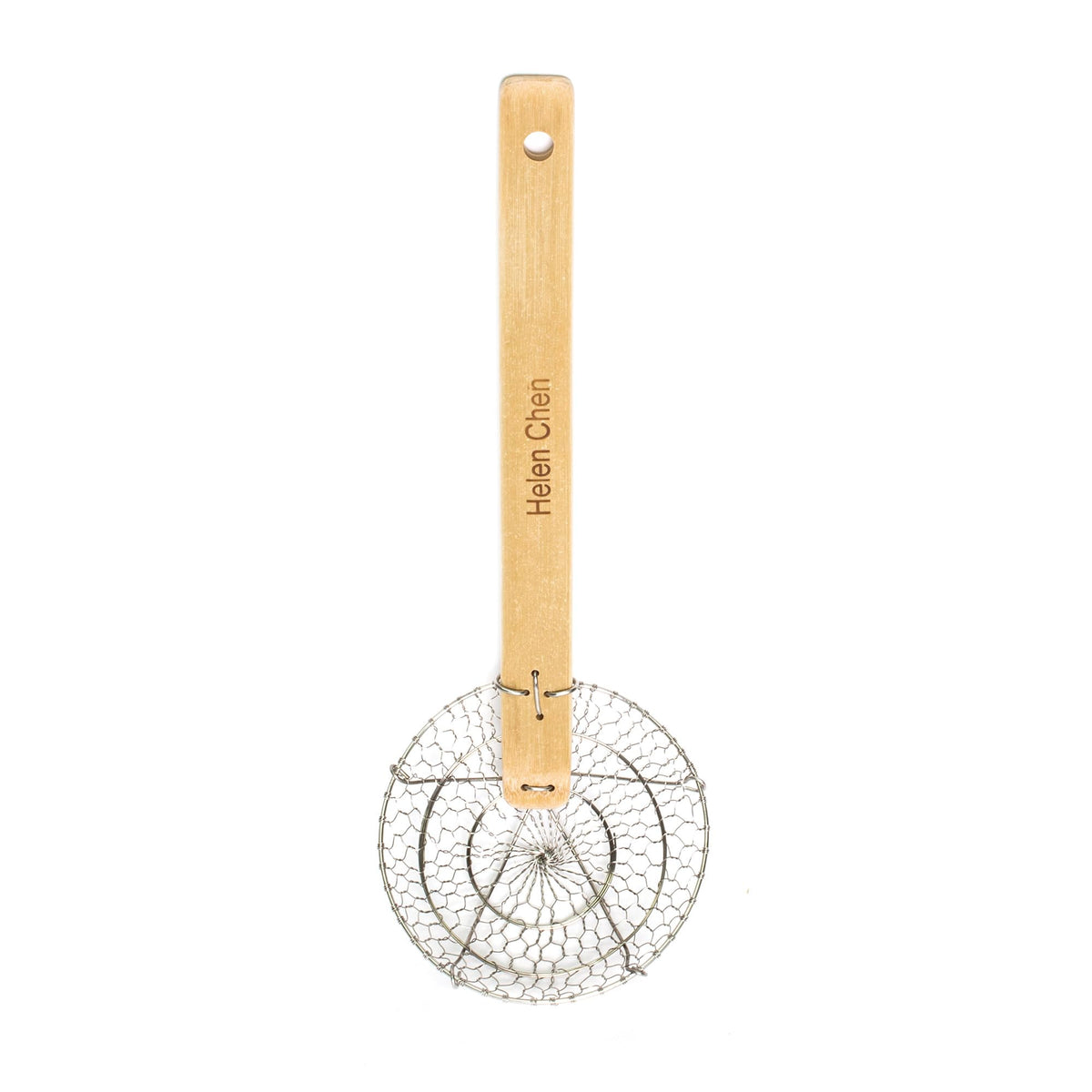 Helen's Asian Kitchen Spider Strainer 5-Inch with bamboo handle catches dumplings and noodles with precision.