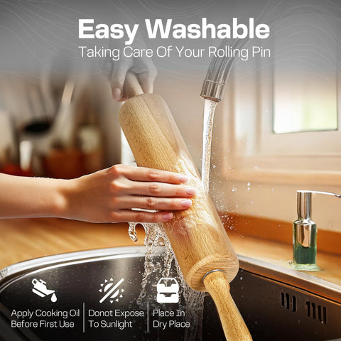 HELFERX beech wood dough roller suitable for pizza, bread, and pastries.