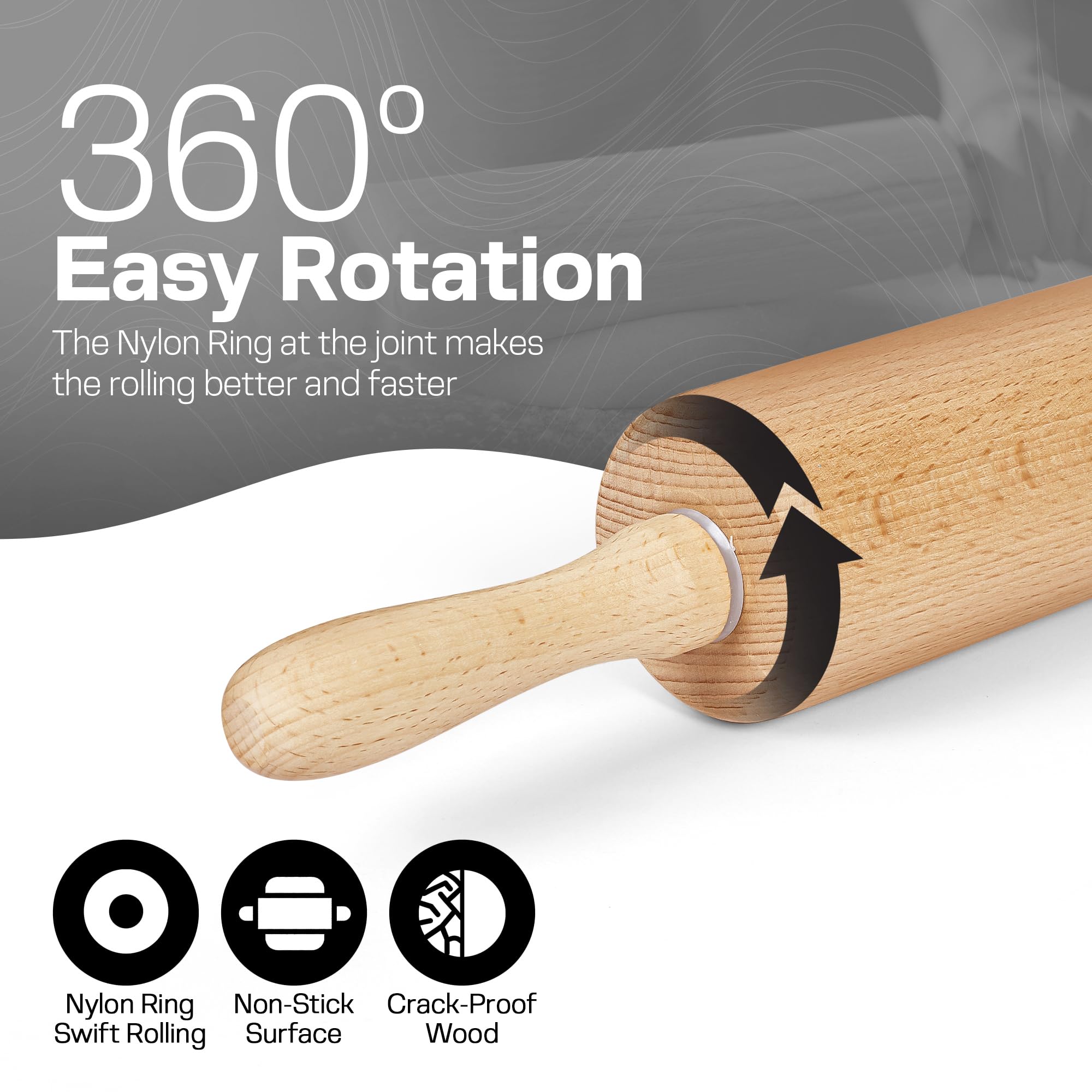 HELFERX rolling pin with ergonomic handles for comfortable control during rolling.