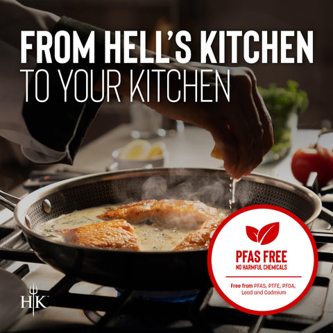 Hell's Kitchen Hybrid 11in fry pan induction-oven compatibility enables versatile cooking.