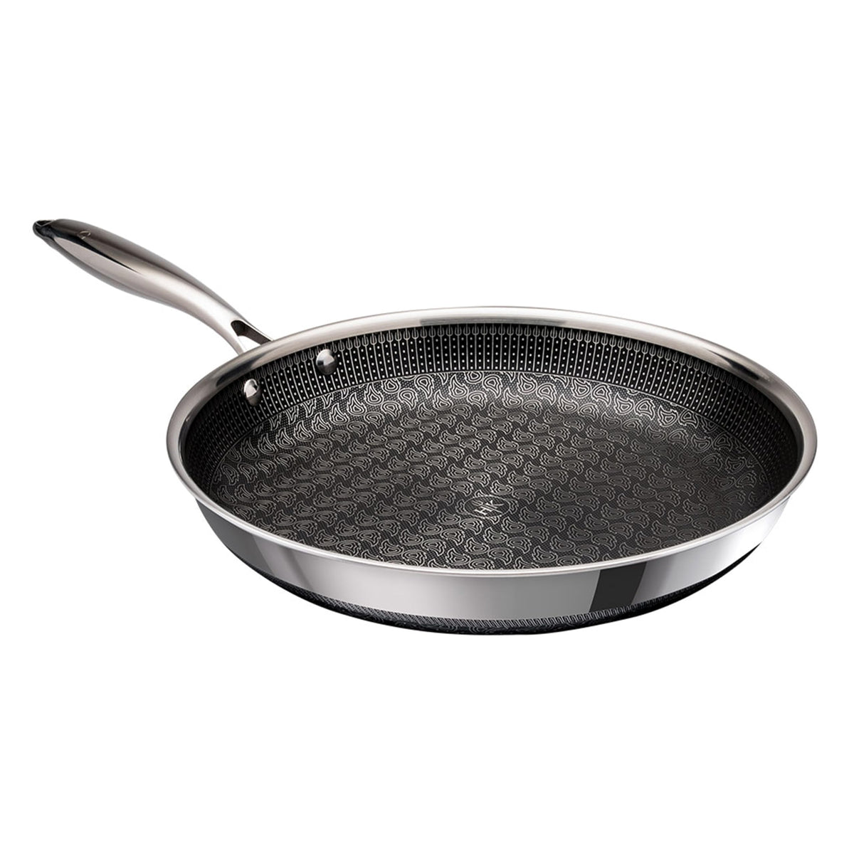 Hell's Kitchen Hybrid 11in fry pan top view shows quick heating and sturdy construction.
