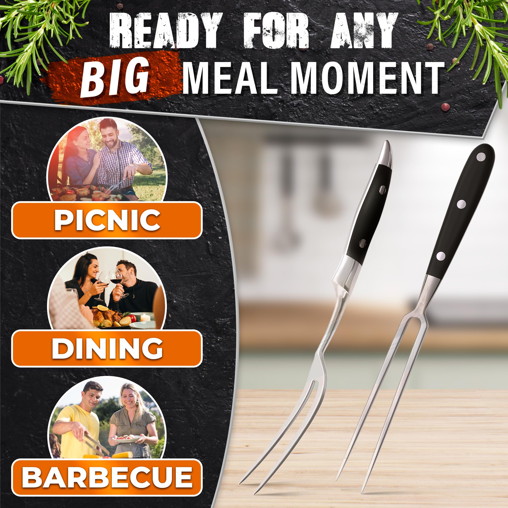 HELVETIOS meat serving fork in use - secure hold makes transfers clean.