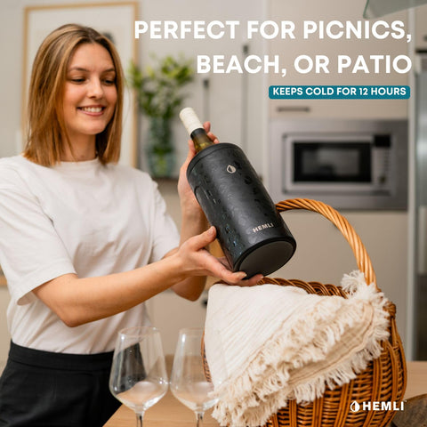 Hemli portable chic wine chiller shown on a picnic setup.