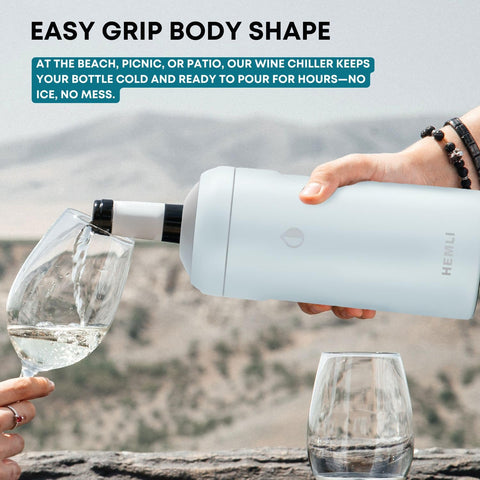 Hemli chiller allows easy pour without removing the bottle.