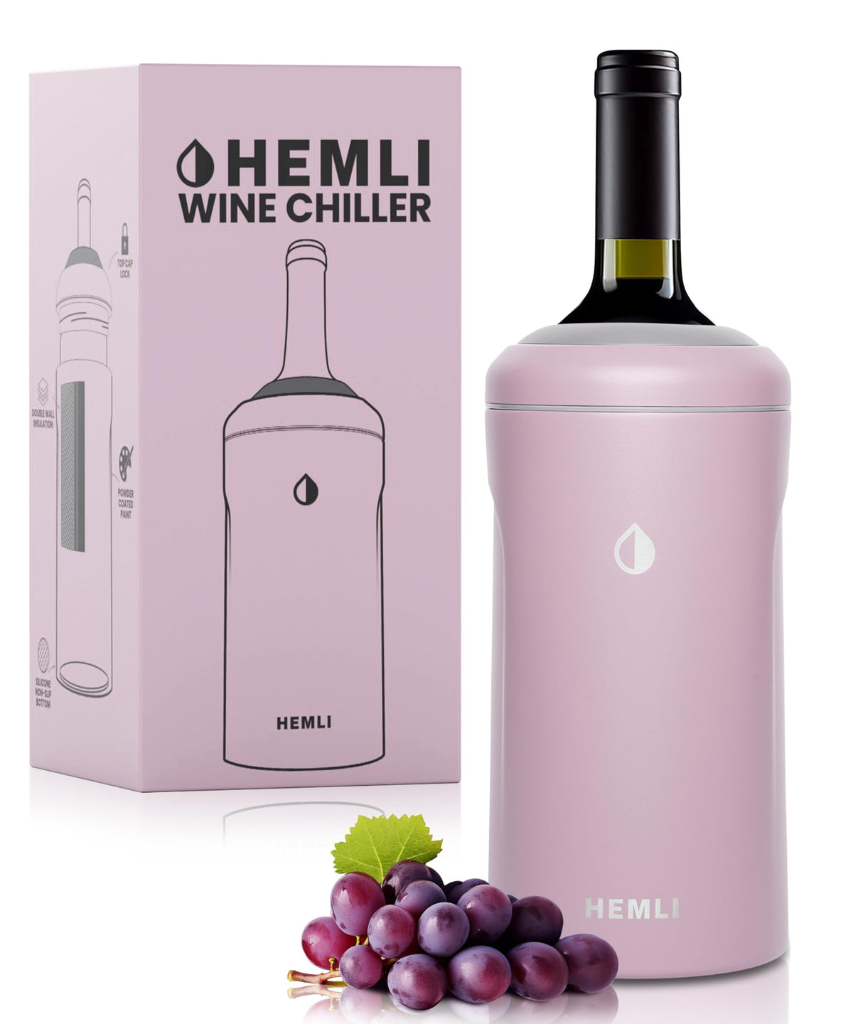 Hemli wine bottle chiller sleeve, front view, keeps wine cold on the go.