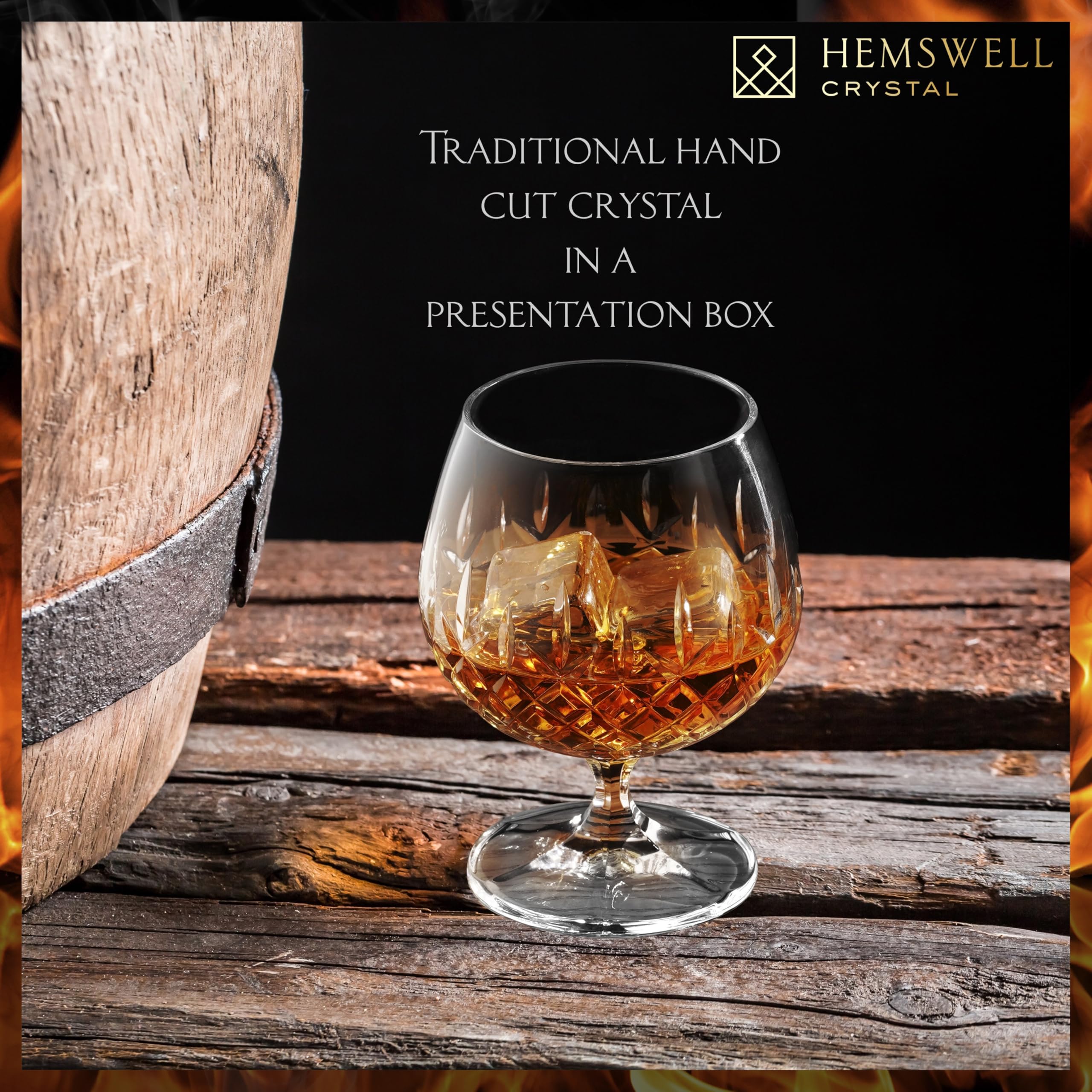 Hemswell Crystal cognac balloon glass being held, comfortable grip for slow savoring