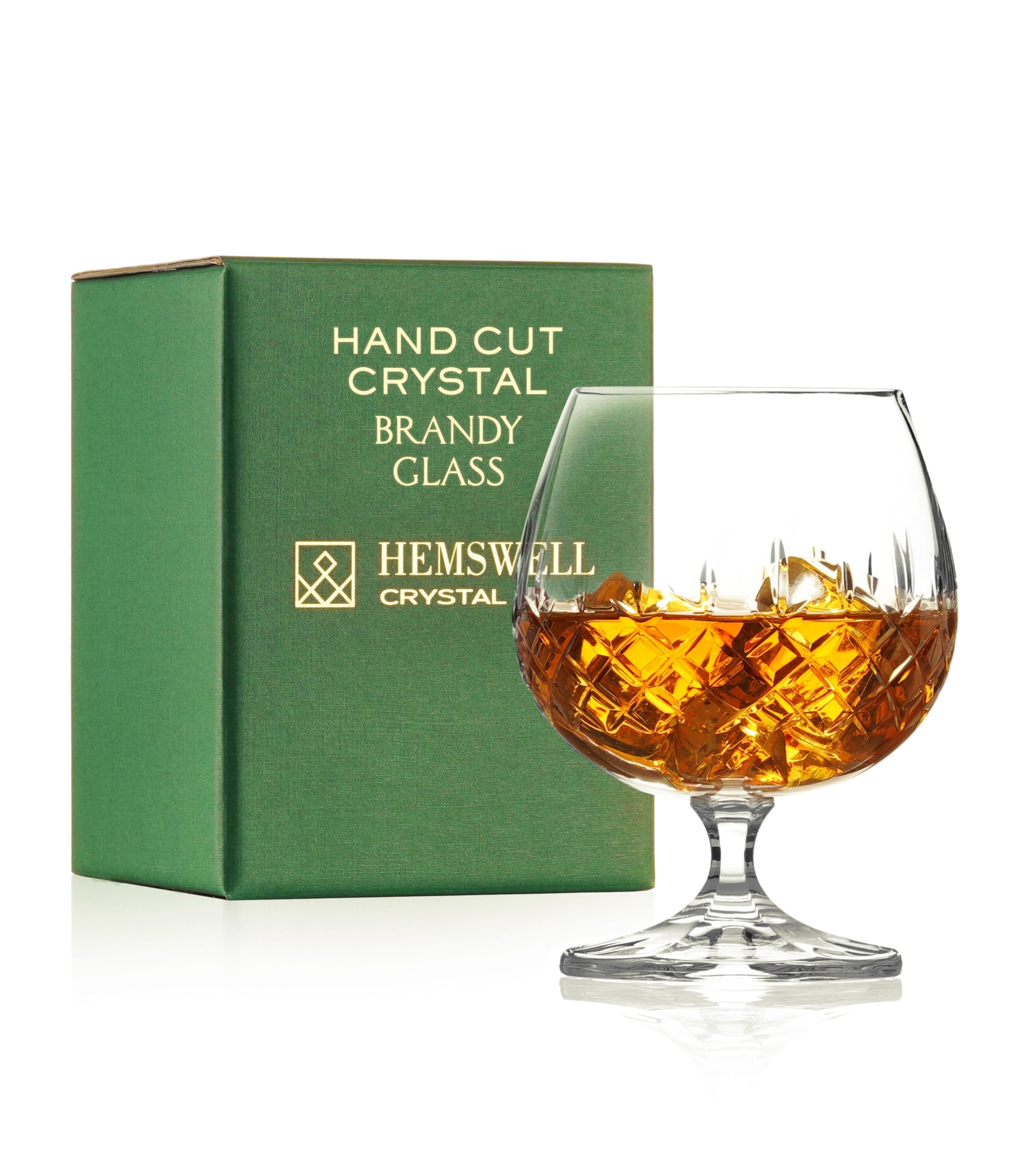 Hemswell Crystal single brandy snifter close-up, intricate cuts for elegant evening pours